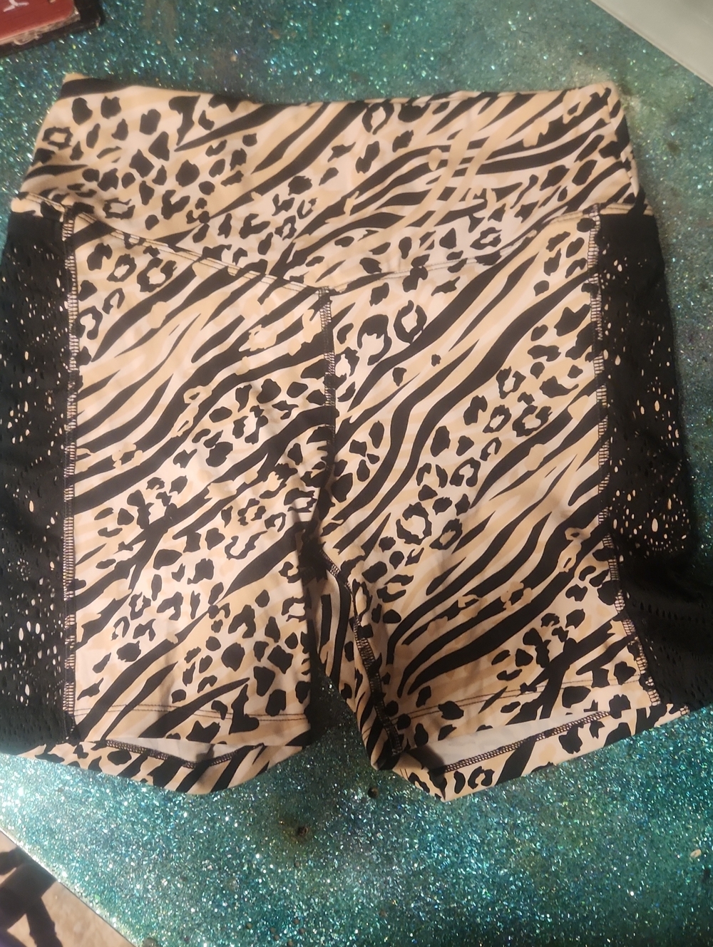 PINK Sport High-Waist Animal Print Bike Shorts with Lace Sides - Black & Cream